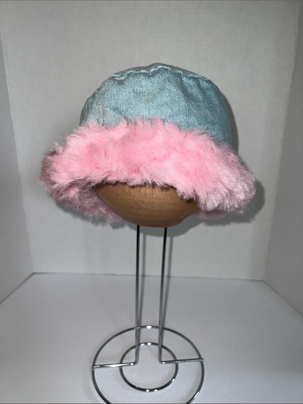 Pink Faux-Fur Trim Denim Bucket Hat - Kids